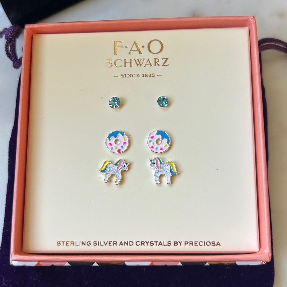 FAO Schwarz Unicorn, Donut and Blue Crystals‎ pierced sterling silver earrings